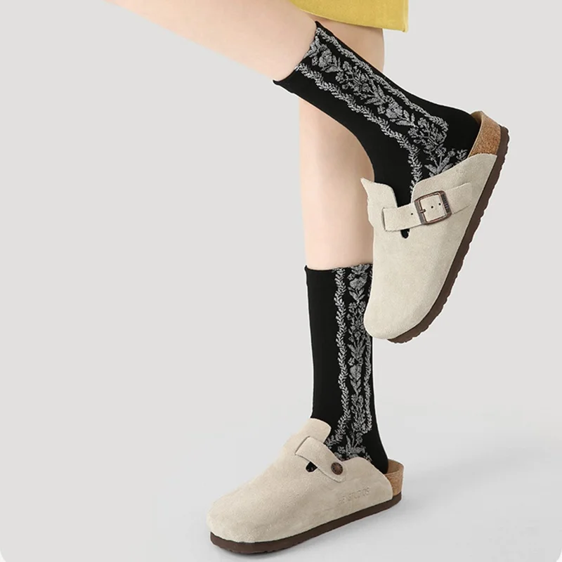 3 Pairs Elastic Cuff Mid Calf Socks for Women One Size Breathable Moisture Wicking Cotton Socks - R9070