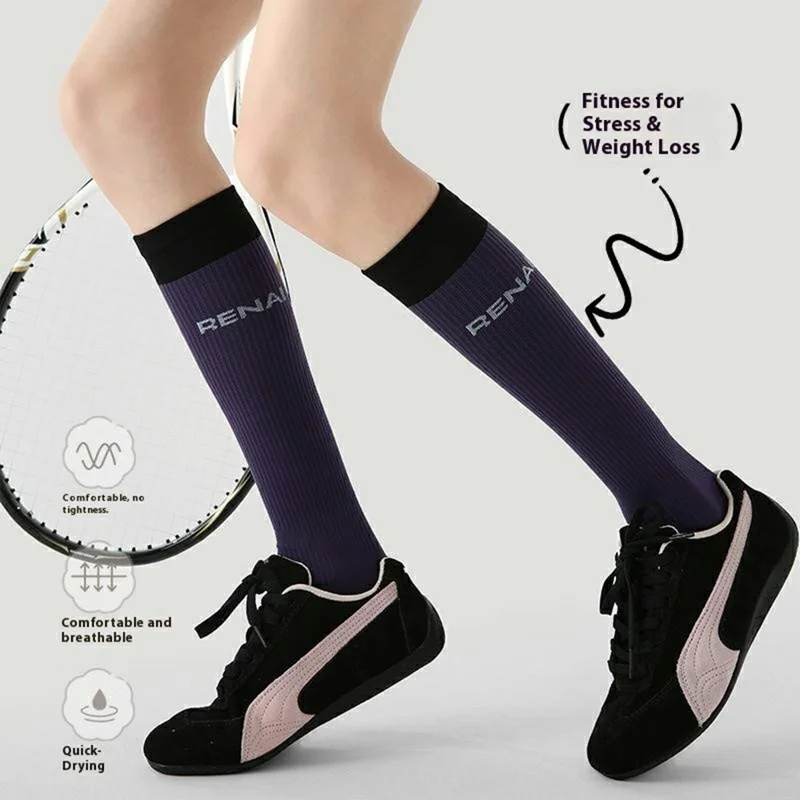 1 Pair Gradient Compression Women Athletic Socks for Running Hiking Cycling Breathable High Tube Socks - S0054