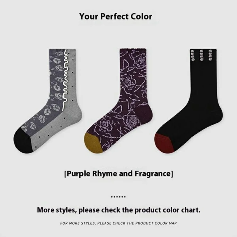 3 Pairs Floral Pattern Women Mid Calf Socks Set Seamless Stitching Breathable Cotton Socks, One Size