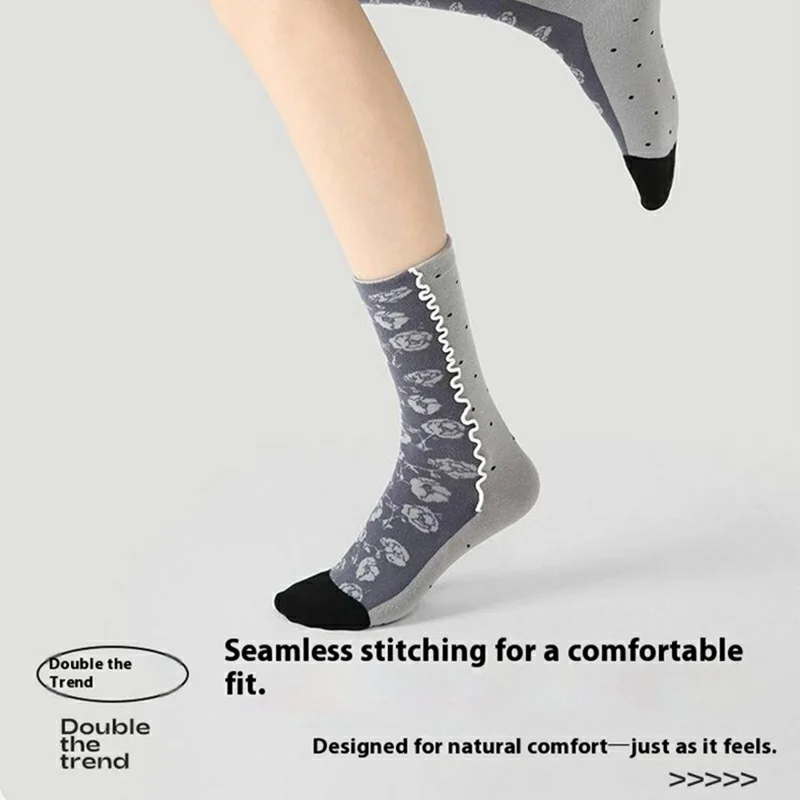 3 Pairs Floral Pattern Women Mid Calf Socks Set Seamless Stitching Breathable Cotton Socks, One Size