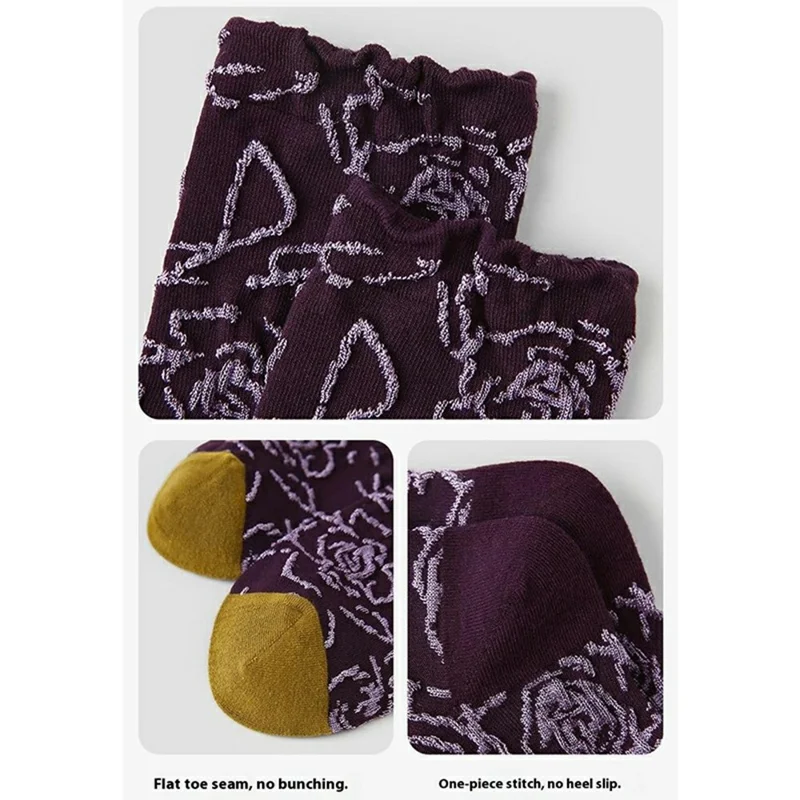3 Pairs Floral Pattern Women Mid Calf Socks Set Seamless Stitching Breathable Cotton Socks, One Size