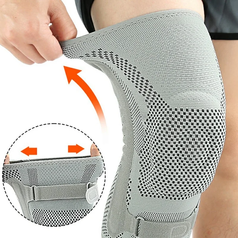 078 1Pc Shock Absorption Silicone Padded Knee Support Dual Spring Support Knee Brace , Size L - Light Grey
