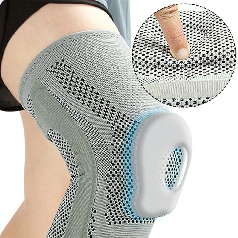 078 1Pc Shock Absorption Silicone Padded Knee Support Dual Spring Support Knee Brace , Size L - Light Grey
