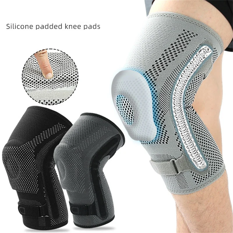 078 1Pc Shock Absorption Silicone Padded Knee Support Dual Spring Support Knee Brace , Size XL - Light Grey