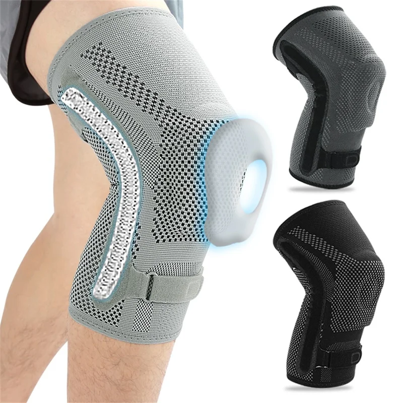 078 1Pc Shock Absorption Silicone Padded Knee Support Dual Spring Support Knee Brace , Size XL - Light Grey