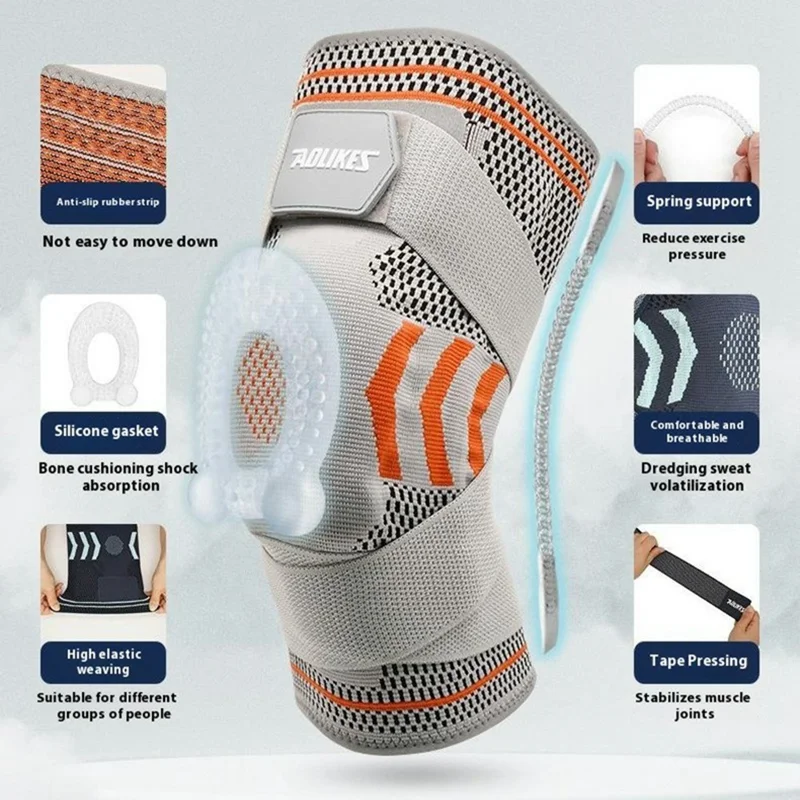 AOLIKES 7731 1Pc Basketball Knee Brace Silicone Padded Knee Support Running Knee Compression Sleeve - Grey+Orange XL