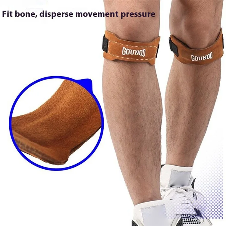 GOUNOD H15 1Pc Sports Compression Knee Strap Double Layer Cowhide Leather Patella Support for Running / Cycling - Brown