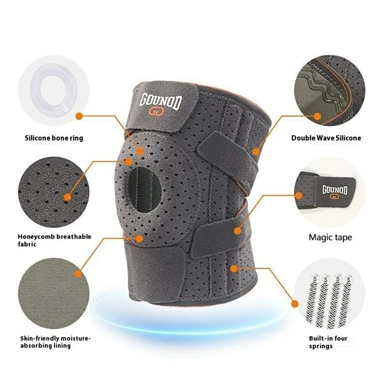 GOUNOD HJ0106 1 Stück Kniebandage mit Stahlstange für Sport, Kompression und Gelenksschutz zum Laufen/Radfahren - Grau+Orange