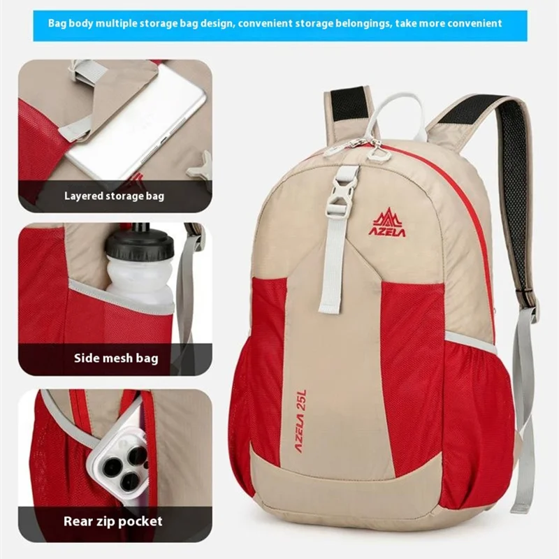AZELA A1341 Leichter zusammenklappbarer Rucksack Wasserdicht Nylon Schultertasche für Outdoor Wandern Camping - Khaki