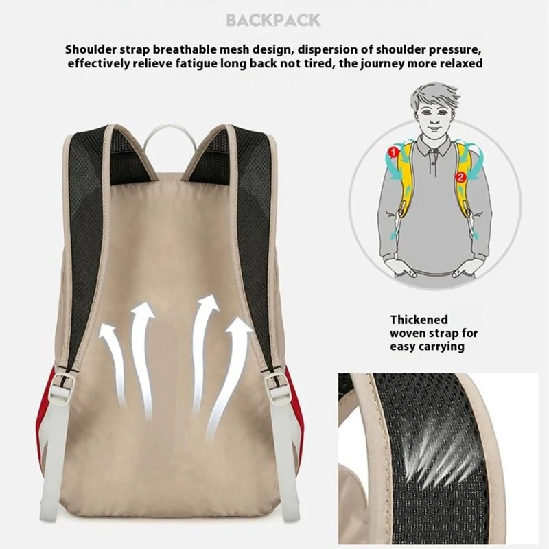 AZELA A1341 Leichter zusammenklappbarer Rucksack Wasserdicht Nylon Schultertasche für Outdoor Wandern Camping - Khaki