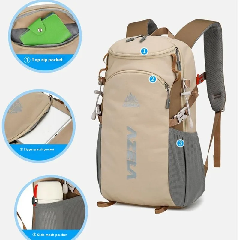 AZELA A1323 Large Capacity Lightweight Outdoor Sports Backpack Waterproof Nylon Hiking Daypack - Khaki