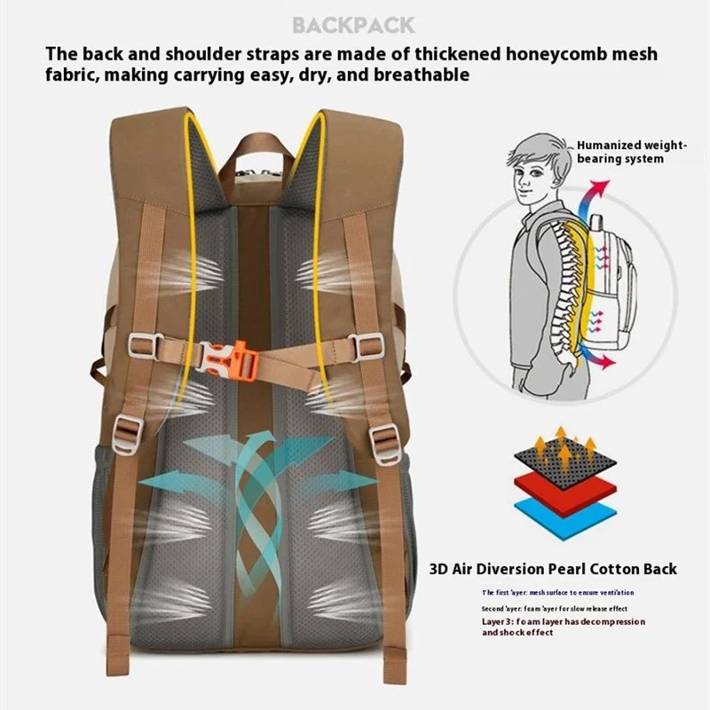 AZELA A1323 Large Capacity Lightweight Outdoor Sports Backpack Waterproof Nylon Hiking Daypack - Khaki