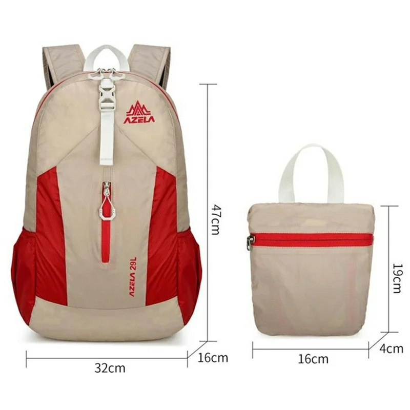 AZELA A1342 Leichter Nylon-Rucksack zum Falten, für Outdoor, Wandern, Klettern und Reisen - Khaki+Rot