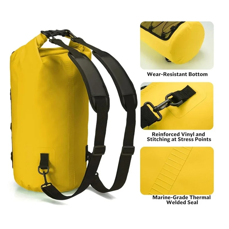 Outdoor IPX6 Waterproof Dry Bag 500D PVC Beach Rafting 20L Double Shoulder Barrel Bag - Black