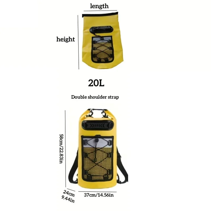 Outdoor IPX6 Waterproof Dry Bag 500D PVC Beach Rafting 20L Double Shoulder Barrel Bag - Black