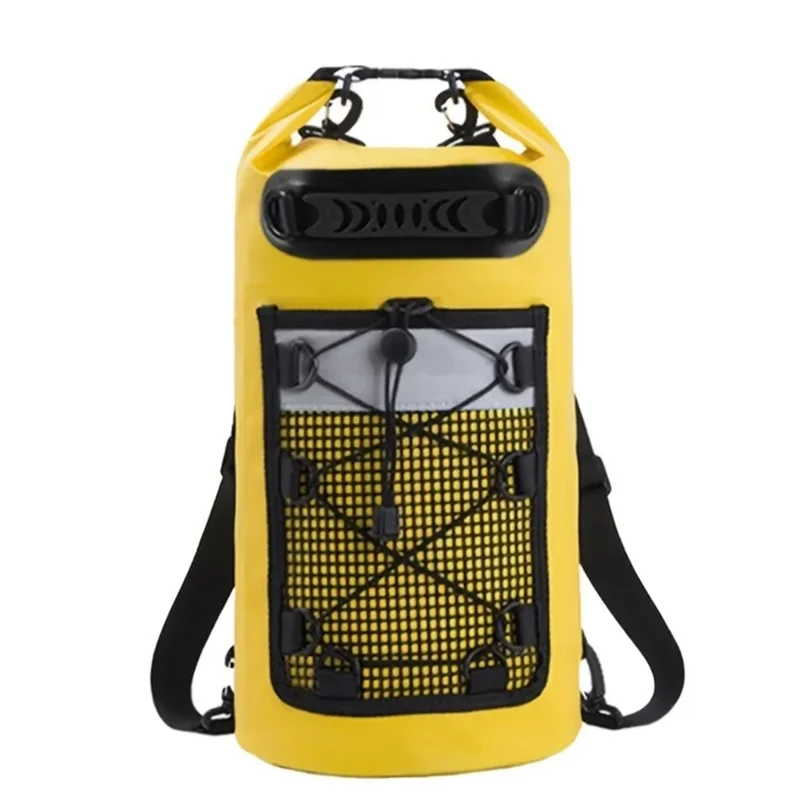Outdoor IPX6 Waterproof Dry Bag 500D PVC Beach Rafting 30L Double Shoulder Barrel Bag - Yellow