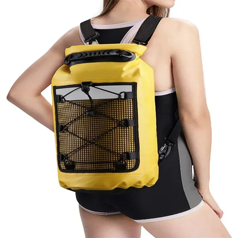 Outdoor IPX6 Waterproof Dry Bag 500D PVC Beach Rafting 30L Double Shoulder Barrel Bag - Yellow