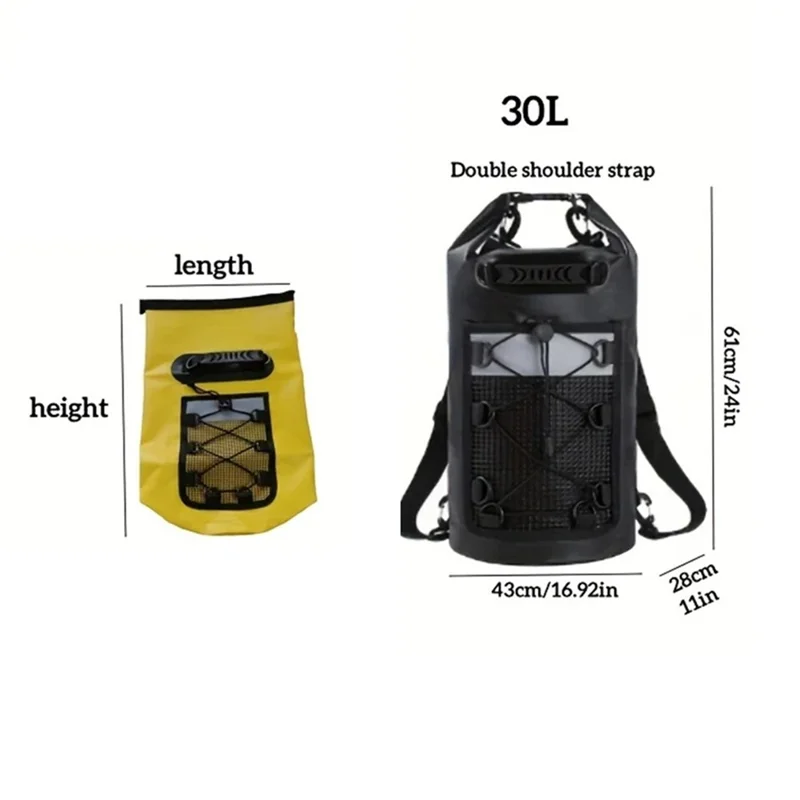 Outdoor IPX6 Waterproof Dry Bag 500D PVC Beach Rafting 30L Double Shoulder Barrel Bag - Yellow