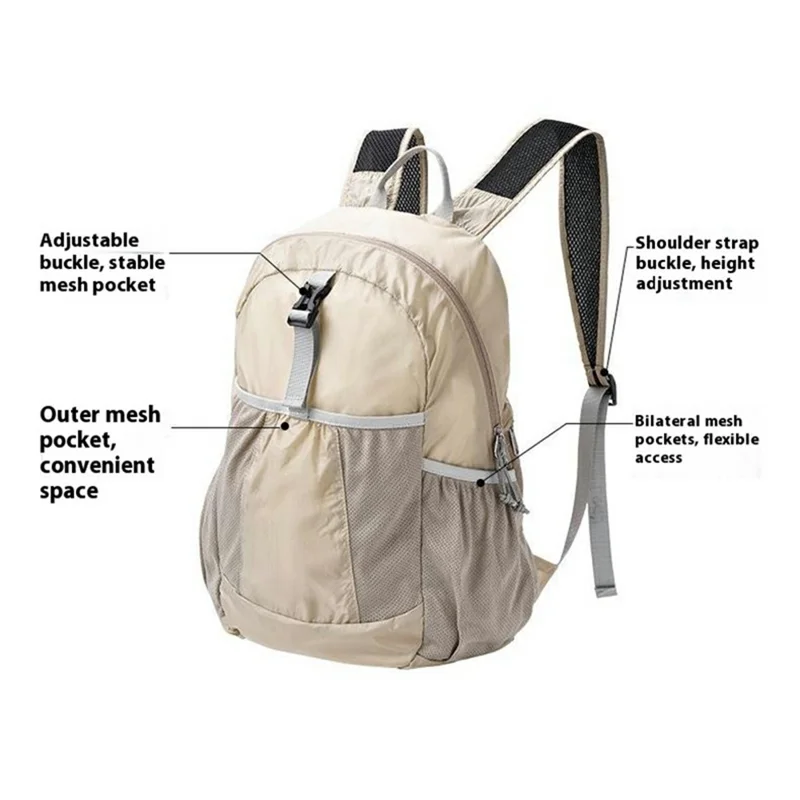 25L Ultralight Waterproof Nylon Daypack for Camping Travel Outdoor Hiking Foldable Backpack - Khaki