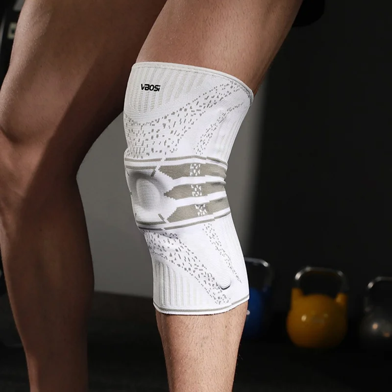 VBOSI 2777V 1Pc XL Size Sports Knee Sleeve Anti Slip Silicone Stripe Compression Support Brace for Running / Basketball / Cycling - White