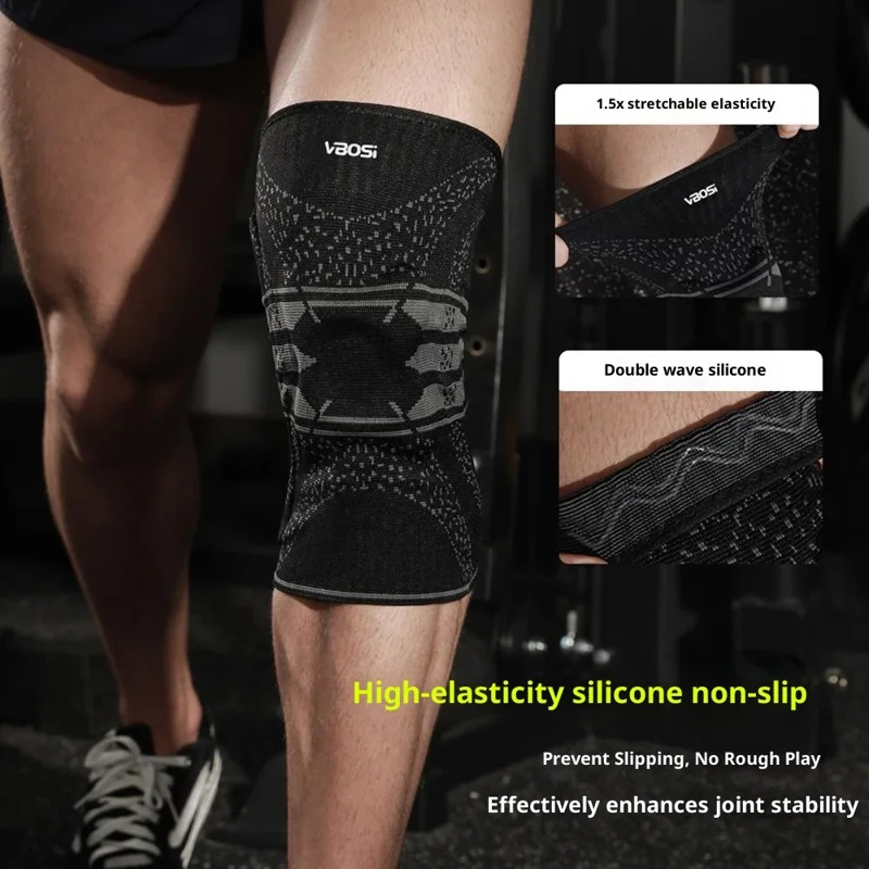 VBOSI 2777V 1Pc XL Size Sports Knee Sleeve Anti Slip Silicone Stripe Compression Support Brace for Running / Basketball / Cycling - White