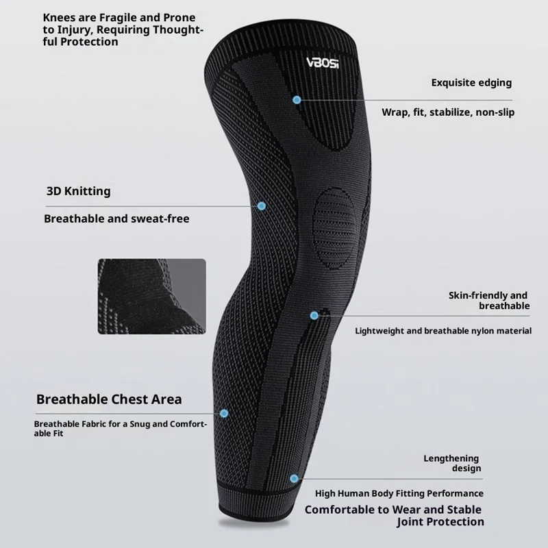 VBOSI 8167V 1Pc L Size Extended Length Leg Warmer Knee Sleeve for 40-50cm Leg 3D Knit Compression Guard Anti-Slip - Black