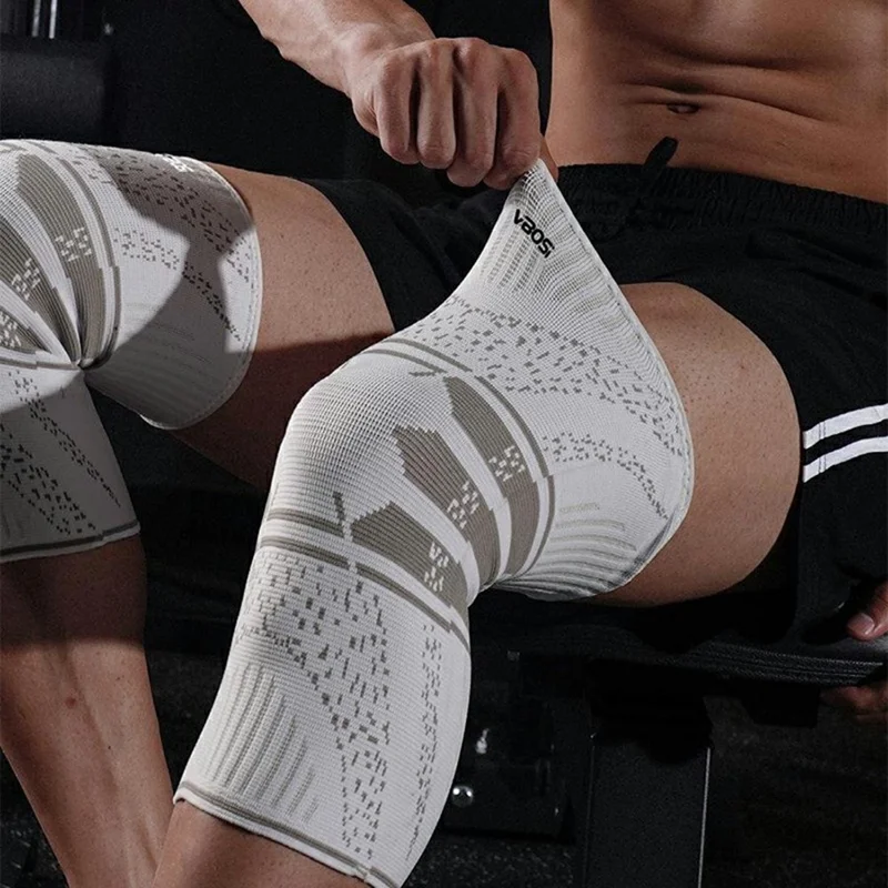 VBOSI 1877V 1Pc Size L 3D Knit Knee Support Brace Anti Slip Breathable Compression Knee Sleeve for Basketball Running - White