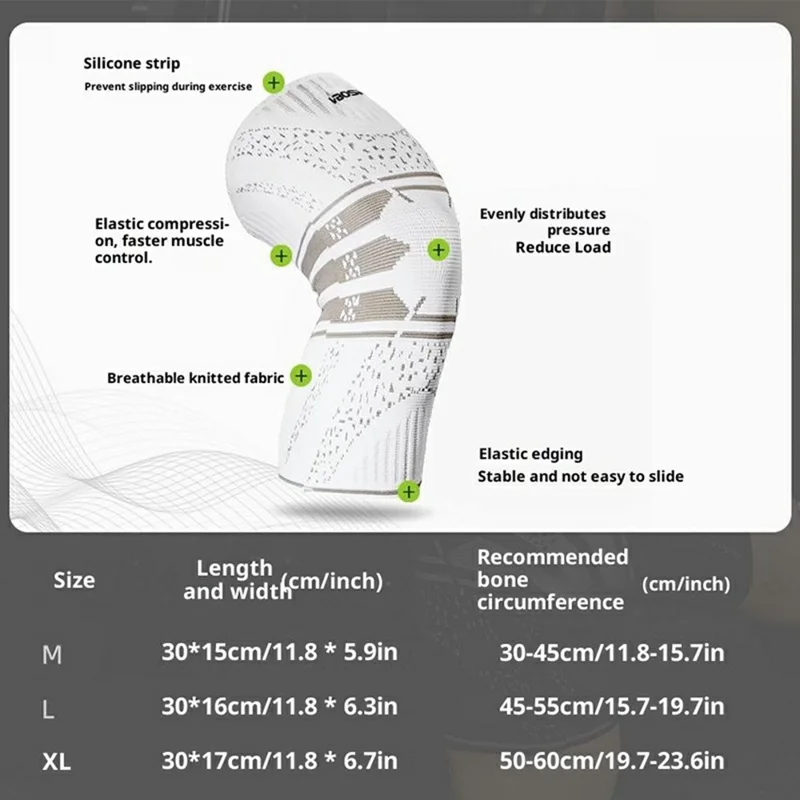 VBOSI 1877V 1Pc Size XL 3D Knit Knee Support Brace Anti Slip Breathable Compression Knee Sleeve for Basketball Running - White
