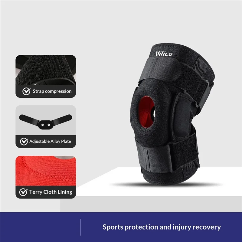 VILICO AB115 1Pc Joelheira Esportiva Outdoor Dobrável Placa de Liga Suporte Absorção de Choque Cinta de Silicone Compressão Manga do Joelho, Preto - L