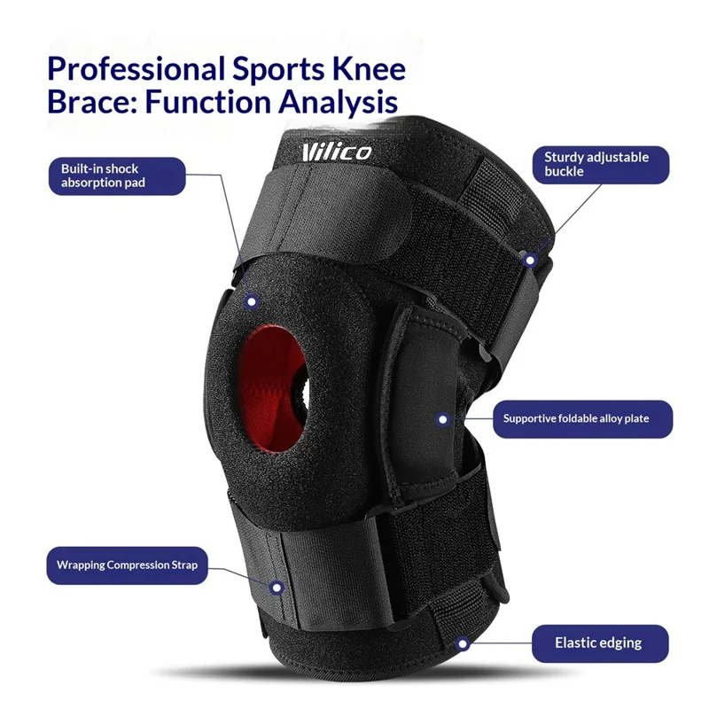 VILICO AB115 1Pc Joelheira Esportiva Outdoor Dobrável Placa de Liga Suporte Absorção de Choque Cinta de Silicone Compressão Manga do Joelho, Preto - L