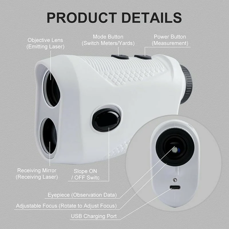 Golf Y5000 7X Magnification Laser Rangefinder Speedometer IPX4 Waterproof Golf Rangefinder 1000m Measuring Device for Outdoor - White