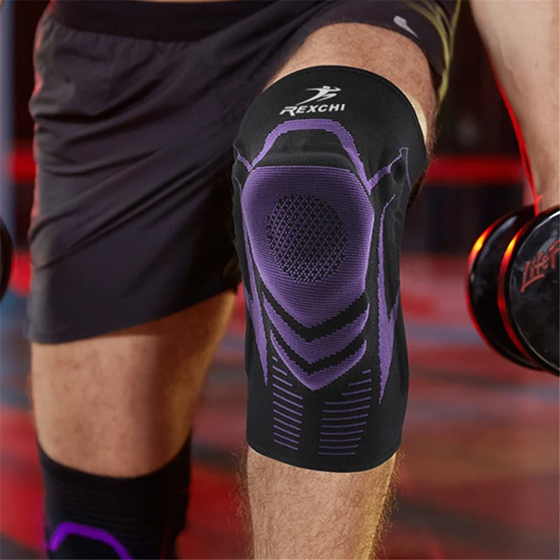 REXCHI HX18 1Pc Non-Slip Knee Silicone Pads Elastic Knee Support Brace Breathable Kneecap for Hiking Basketball - Black Purple / M