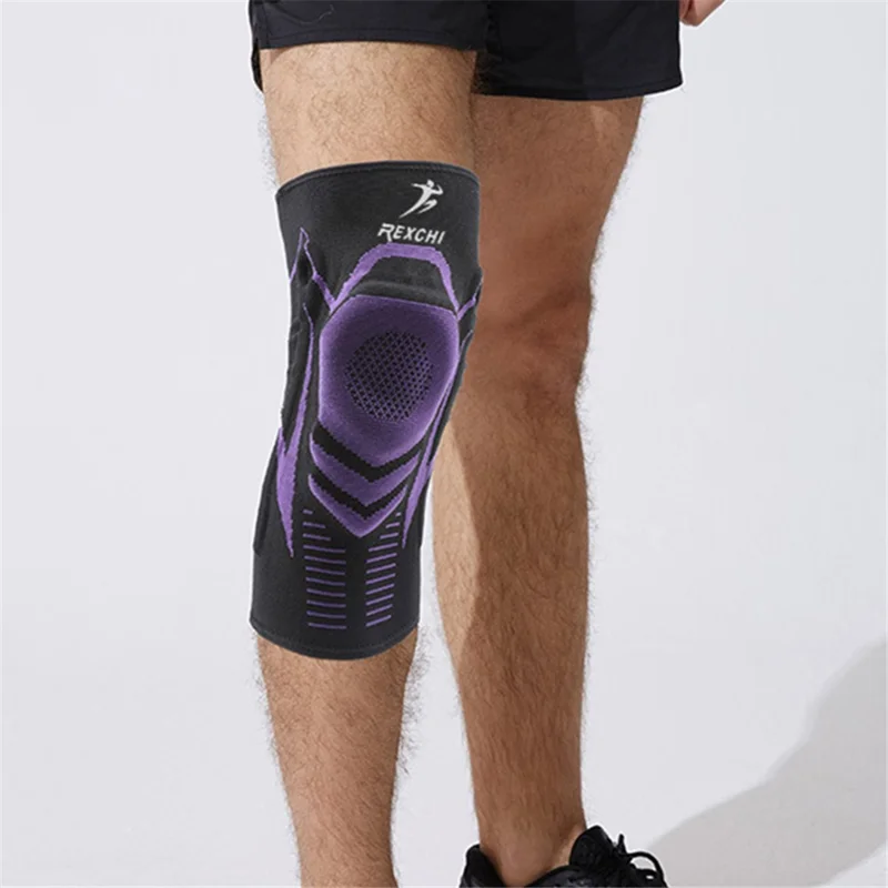 REXCHI HX18 1Pc Non-Slip Knee Silicone Pads Elastic Knee Support Brace Breathable Kneecap for Hiking Basketball - Black Purple / M