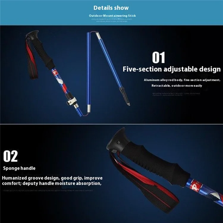 TREKPRO TP601 Bastón de Senderismo Plegable de 110-125 cm, 5 Secciones, Ligero de Aleación de Aluminio - Azul