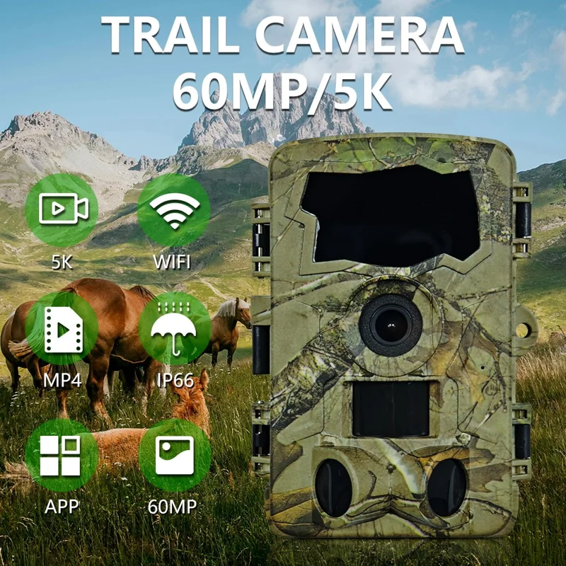 PR909W Fotocamera per Sicurezza Esterna, Caccia, 5K 60MP WiFi Visione Notturna Telecamera di Sorveglianza