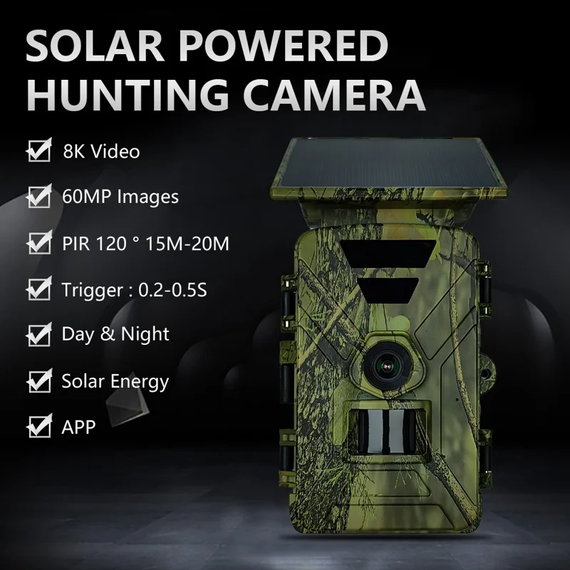 PR903W Caméra de chasse solaire extérieure 8K 60MP WiFi Vision nocturne infrarouge Caméra de sentier