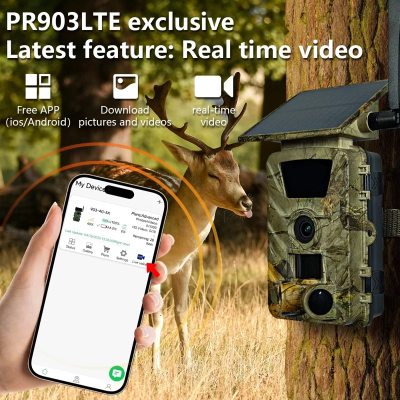 PR903G 5K Cámara de Caza para Exteriores con Visión Nocturna, Solar, 4G con Tarjeta SIM, Versión UE