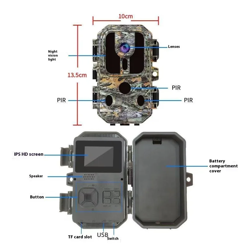 DL022 Fotocamera da Caccia con Schermo IPS da 2,0 Pollici Impermeabile, Visione Notturna a Infrarossi PIR e HD per Riprese all'Aperto