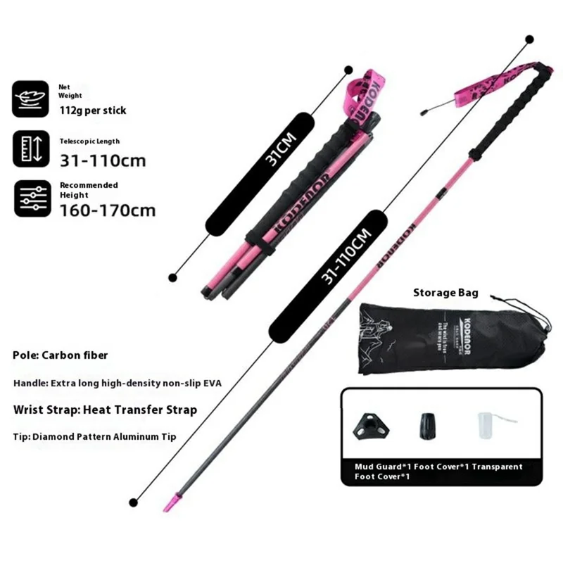 KODENOR 1 stk 110 cm 3K kulfiber ultralette 4-dels folde stokke til bjergbestigning, vandring - Pink