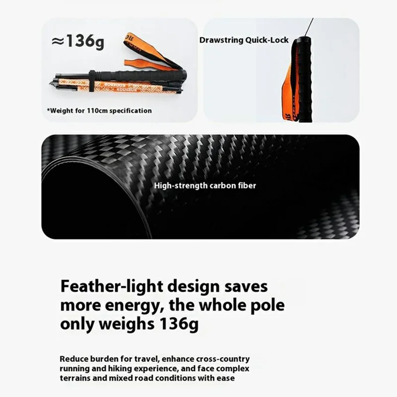KODENOR 1Pc 120cm Outdoor Professional Trekking Pole Carbon Fiber Foldable Hiking Stick for Mountaineering - Orange