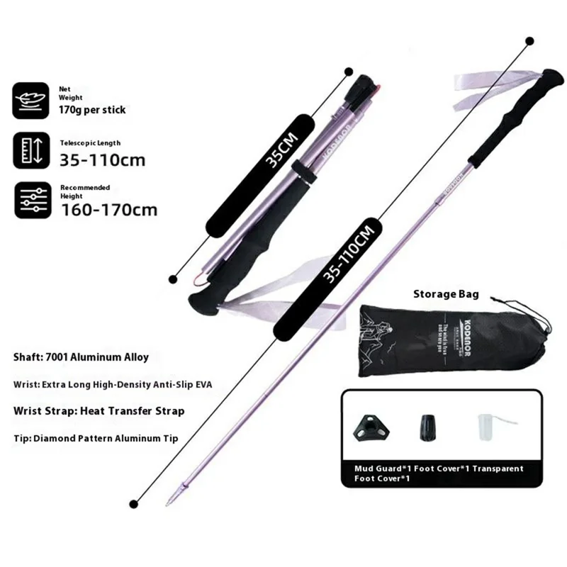 KODENOR 1Pc 110cm Foldable 4-Section Trekking Pole Lightweight Aluminum Alloy Hiking Stick for Mountain Climbing - Pink