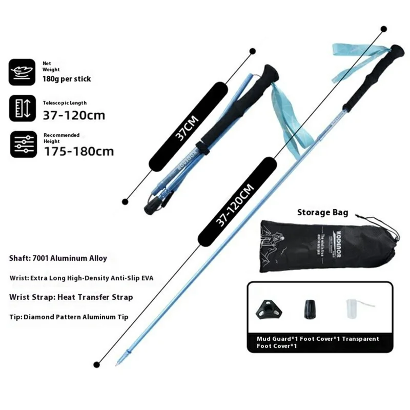 KODENOR 1Pc 120cm Foldable 4-Section Trekking Pole Lightweight Aluminum Alloy Hiking Stick for Mountain Climbing - Blue