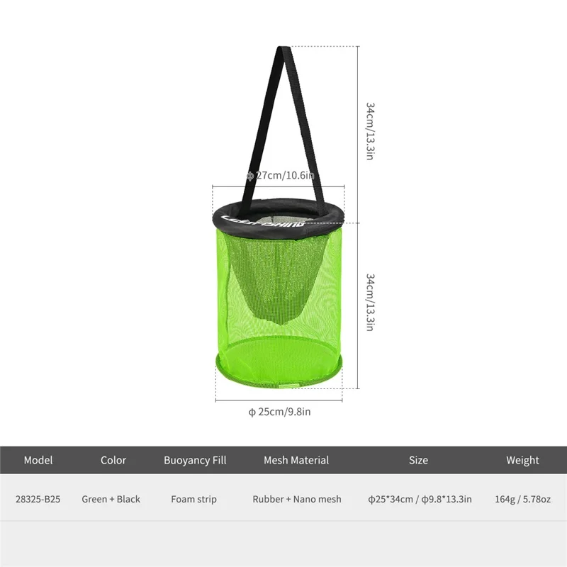 LEOFISHING Round Floating Fish Basket 25cm Diameter Floating Live Shrimp Basket with Drawstring Foldable - Black Green