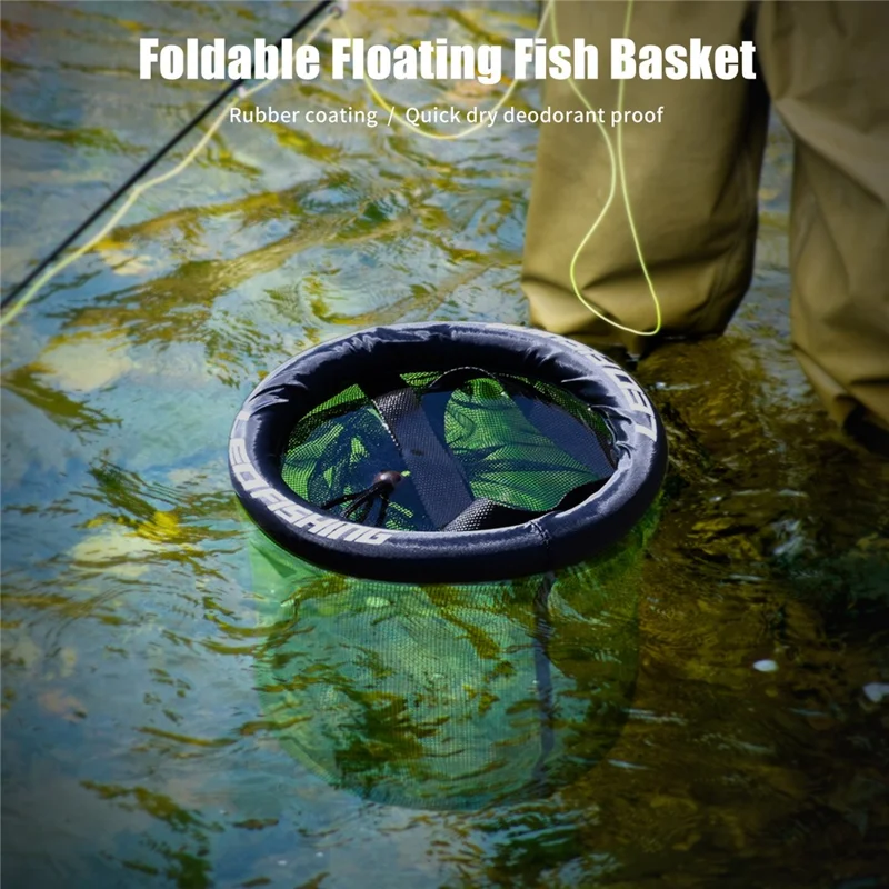 LEOFISHING Round Floating Fish Basket 25cm Diameter Floating Live Shrimp Basket with Drawstring Foldable - Black Green