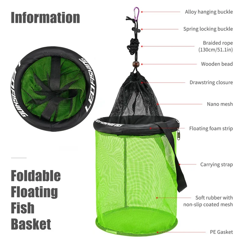 LEOFISHING Round Floating Fish Basket 25cm Diameter Floating Live Shrimp Basket with Drawstring Foldable - Black Green