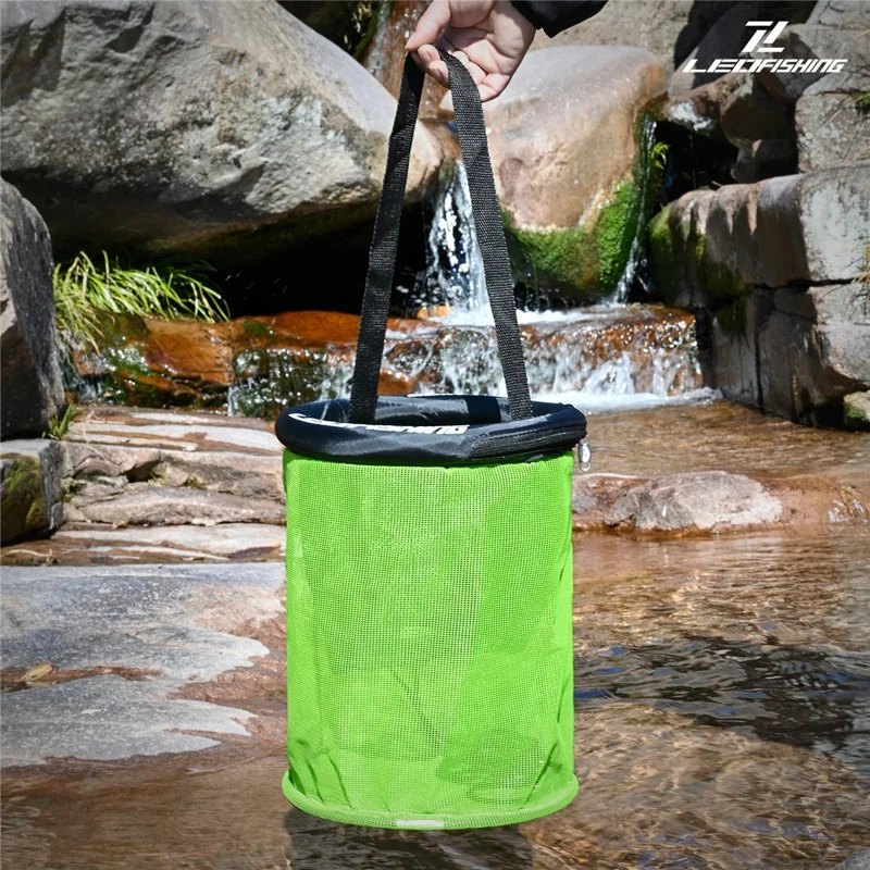 LEOFISHING Round Floating Fish Basket 25cm Diameter Floating Live Shrimp Basket with Drawstring Foldable - Black Green