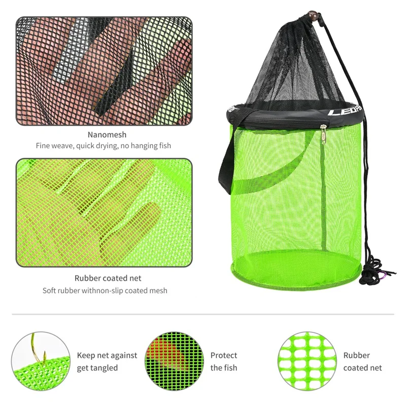 LEOFISHING Round Floating Fish Basket 35cm Diameter Floating Live Shrimp Basket with Drawstring Foldable - Black Green