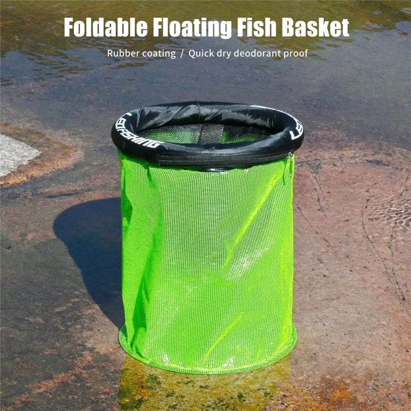 LEOFISHING Round Floating Fish Basket 35cm Diameter Floating Live Shrimp Basket with Drawstring Foldable - Black Green