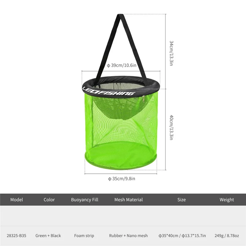 LEOFISHING Round Floating Fish Basket 35cm Diameter Floating Live Shrimp Basket with Drawstring Foldable - Black Green
