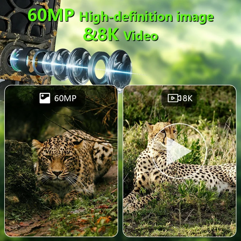 H1W 8K 60MP Trail Camera Solar Panel WiFi Bluetooth-compatible Infrared Hunting Camera with Night Vision for Wildlife Scouting - Camouflage